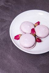 Delicious cake macaroons on plate on dark background, close up