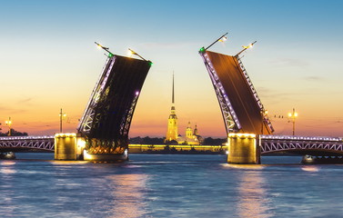 Fototapeta na wymiar Drawn Palace Bridge and Peter and Paul Fortress at white nights, Saint Petersburg, Russia