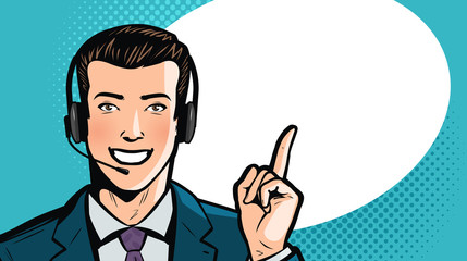Man in business suit or businessman with headset says. Call center, support, service concept. Cartoon vector illustration
