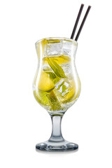 Mojito cocktail in hurricane glass with mint, ice cubes and black straw on white background. Clipping path