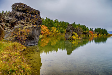 Fototapeta na wymiar Rock formations at Lake Myvatn