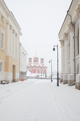Heavy snowfall in Moscow. Snow-covered roads and Zaryadye Park with a view of the Monastery of Our Lady of the Sign.