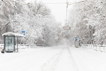 Heavy snowfall in Moscow. Snow-covered roads and fallen trees during a snowfall. Collapse of public transport