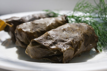 Delicious dolma (sarma) stuffed grape leaves rice, meat and sauce. Crimea tatar dolma sarma on plate.  Turkish greek middle eastern cuisine