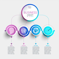 Creative modern infographic with business timeline data visualization.Diagram with 4 steps,options,parts and processes.Template for presentation,workflow layout,banner,web design.Vector illustration.