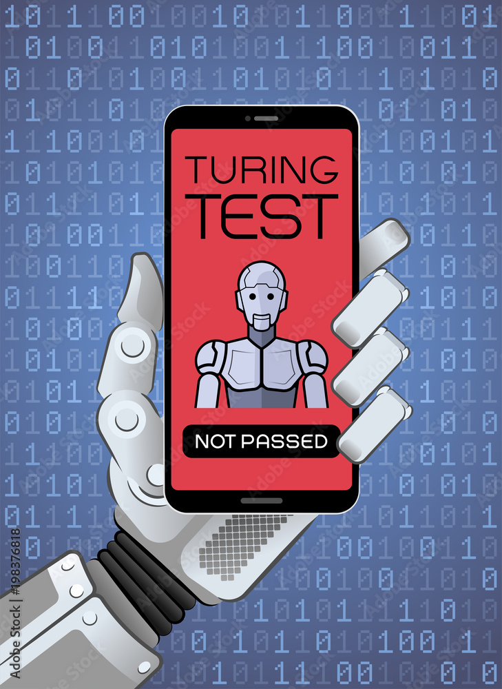 Aufkleber the turing test has been failed by robot. mechanical hand of a robot holding smartphone showing test
