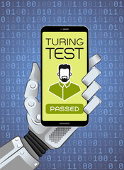 The Turing Test Has Been Successfully Passed By Robot. Mechanical hand of a robot holding smartphone showing test result. Vector illustration on the subject of 'Artificial Intelligence'.
