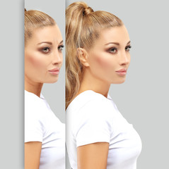 Aging. Mature woman-young woman.Face with skin problem.Before and after cosmetic procedures