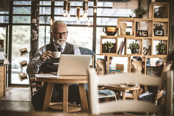 Senior businessman working at cafe.
