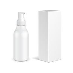 Cosmetic, Hygiene, Medical Grayscale Plastic Bottle Of Gel, Liquid Soap, Lotion, Cream, Shampoo With Box. Mock Up Ready For Your Design. Illustration Isolated On White Background. Vector EPS10