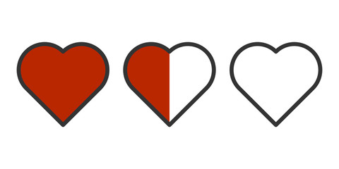 Vector image of three hearts in a row - completely filled, half of the fill and without pouring. Easily editable outline. Isolated on white background