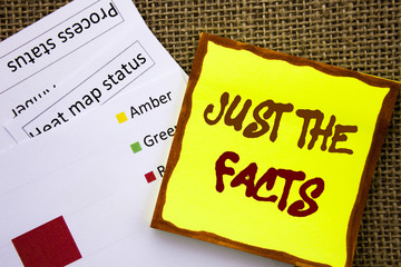 Handwritten text sign showing Just The Facts. Business concept for Truth Fact Accuracy Honest Concept For Factual Actual  written on Sticky Note Paper with Heat Map on textured background