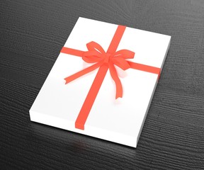 White flat gift box with a white envelope. Gift template. Wooden background. 3D rendering.