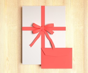 White flat gift box with a white envelope. Gift template. Wooden background. 3D rendering.