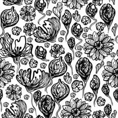 beautiful seamless pattern. black flowers on a white background. sketch, drawing by hand