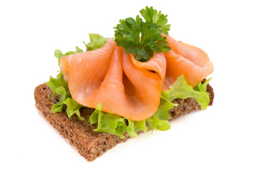 Bread with fresh salmon fillet isolated on white background, top view.