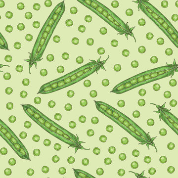 Seamless Pattern. Green Pea Pod and Peas