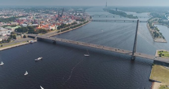 Riga city cable-stayed bridge Dugava river and il city Drone Flight