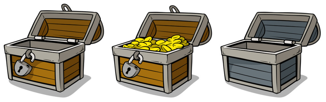 Cartoon open treasure chest with gold coins set