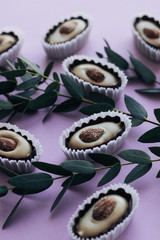 Composition of delicious praline sweets with almonds and green twigs on purple background