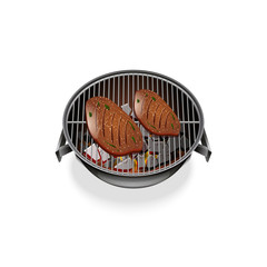 Tasty beef steak on the grill, cooking grilled meat, top view. Vector illustration