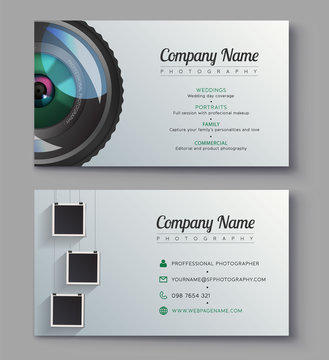Photographer Business Card Template. Design For Photography Studio. Ready Presentation Vector Template. Illustrator Photo Project Design.