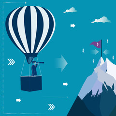 Businessman at the air balloon looking through telescope for his target. Business concept vector illustration