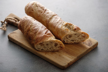 Baguette loaves and slices.