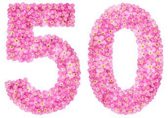 Arabic numeral 50, fifty, from pink forget-me-not flowers, isolated on white background