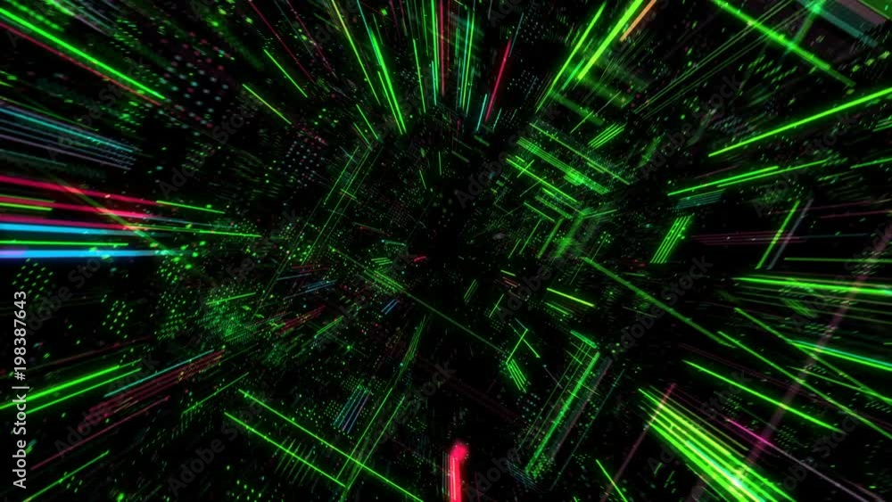 Poster Abstract digital matrix particles grid virtual reality abstract cyber space science and technology background. Futuristic monitor with code and information hologram. 3D render 4K loop.