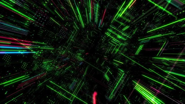 Abstract digital matrix particles grid virtual reality abstract cyber space science and technology background. Futuristic monitor with code and information hologram. 3D render 4K loop.