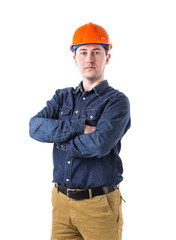 Portrait of  repairman (builder) in helmet  isolated on white background