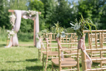 Wooden chairs decorated with flowers, are in the zone of the wedding ceremony in a pine forest
