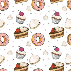 Seamless pattern with delicious desserts. Stylish, colorful sweets on white background. Vector illustration in sketch style.