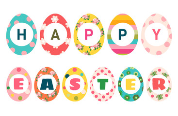 Colorful Easter eggs with text Happy Easter for greeting cards, invitations and brochure