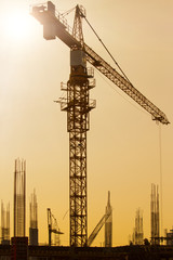 Crane in sunset at building site