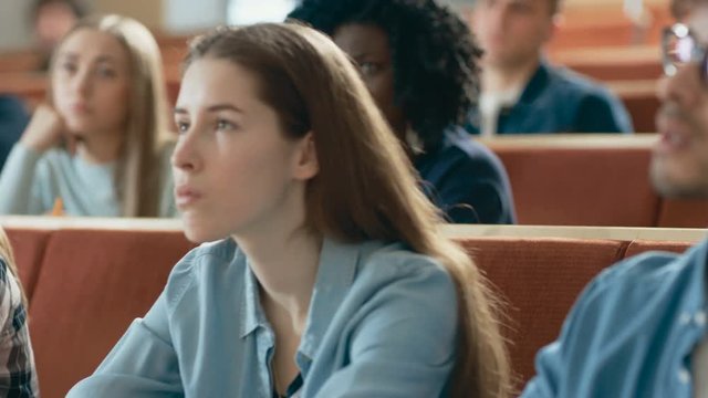 Large Group of Multi Ethnic Students Listening to a Lecture in the Classroom. Bright Young People Study at University. Shot on RED EPIC-W 8K Helium Cinema Camera.