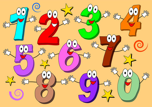 Cartoon numbers 0 to 9 icons made as human figures with big eyes and hands. Hand drawn isolated set vector illustrations for children