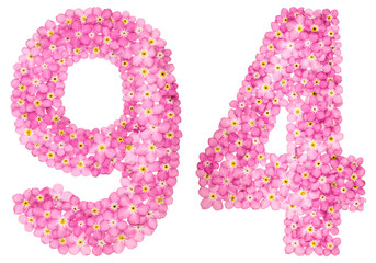Arabic numeral 94, ninety four, from pink forget-me-not flowers, isolated on white background