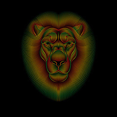 Engraving of stylized rasta lion on black background. Linear drawing.