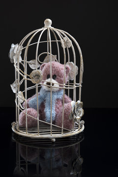 Toy teddy bear in a cage.