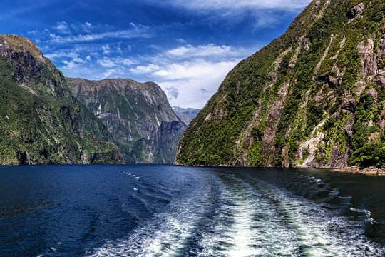 View behind the cruise ferry in Milford Sound, New Zealand