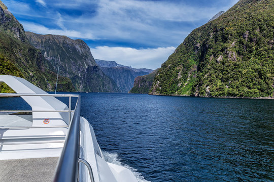 View behind the cruise ferry in Milford Sound, New Zealand