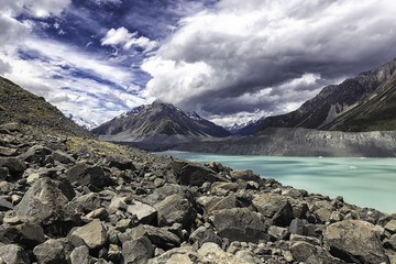 Beautiful turqouise Tasman Glacier Lake and Rocky Mountains of the Mount Cook National Park, South Island, New Zealand