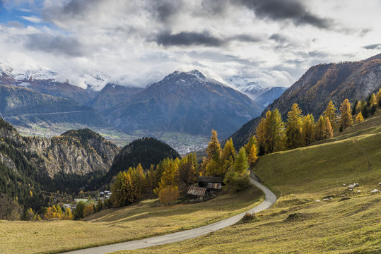 View on Wassenhorn, H&uuml;bschhorn and B&auml;ttlihorn from the valley of Massa river to Gibidum  near Blatten M&auml;hlb&auml;um