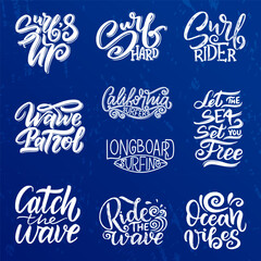 Set of Surf lettering quotes for posters, prints, cards. Surfing related textile design. Vintage illustration.