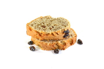 Sweet Bread with walnuts and dried fruits on a white background. Figs and prunes.