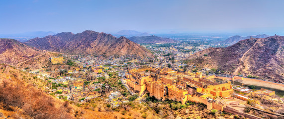 View of Amer town with the Fort. A major tourist attraction in Jaipur - Rajasthan, India
