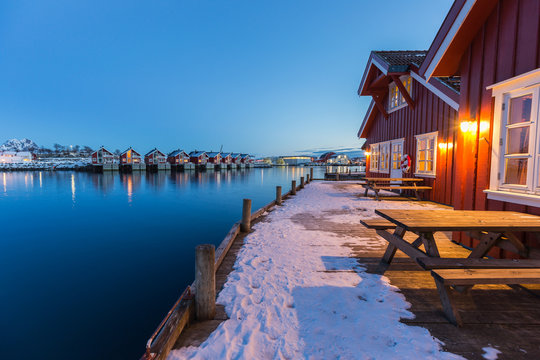 Traditional fishermans cabins at the waterside in Svolvaer, Lofoten