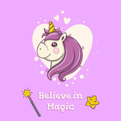 Cute postcard with magical head of unicorn on purple background with hearts.